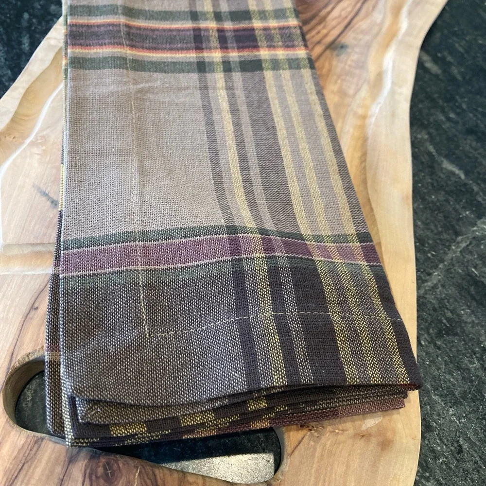 Pottery Barn Woodrow Plaid Cotton Napkins, SET OF 3 Brown Gray Multi Rare Rustic